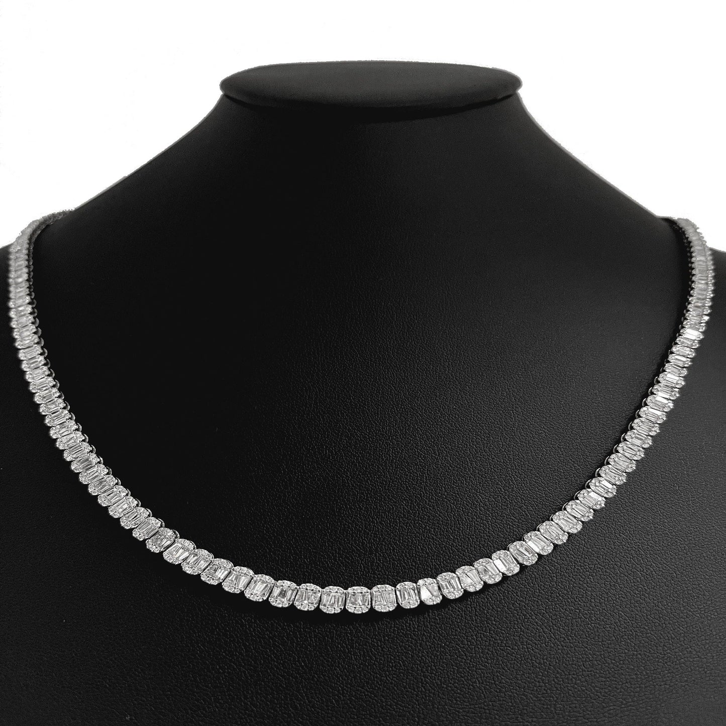 14K White Gold Round & Baguette Diamond Tennis Necklace 18" Long