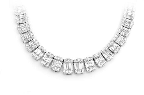 14K White Gold Round & Baguette Diamond Tennis Necklace 18" Long