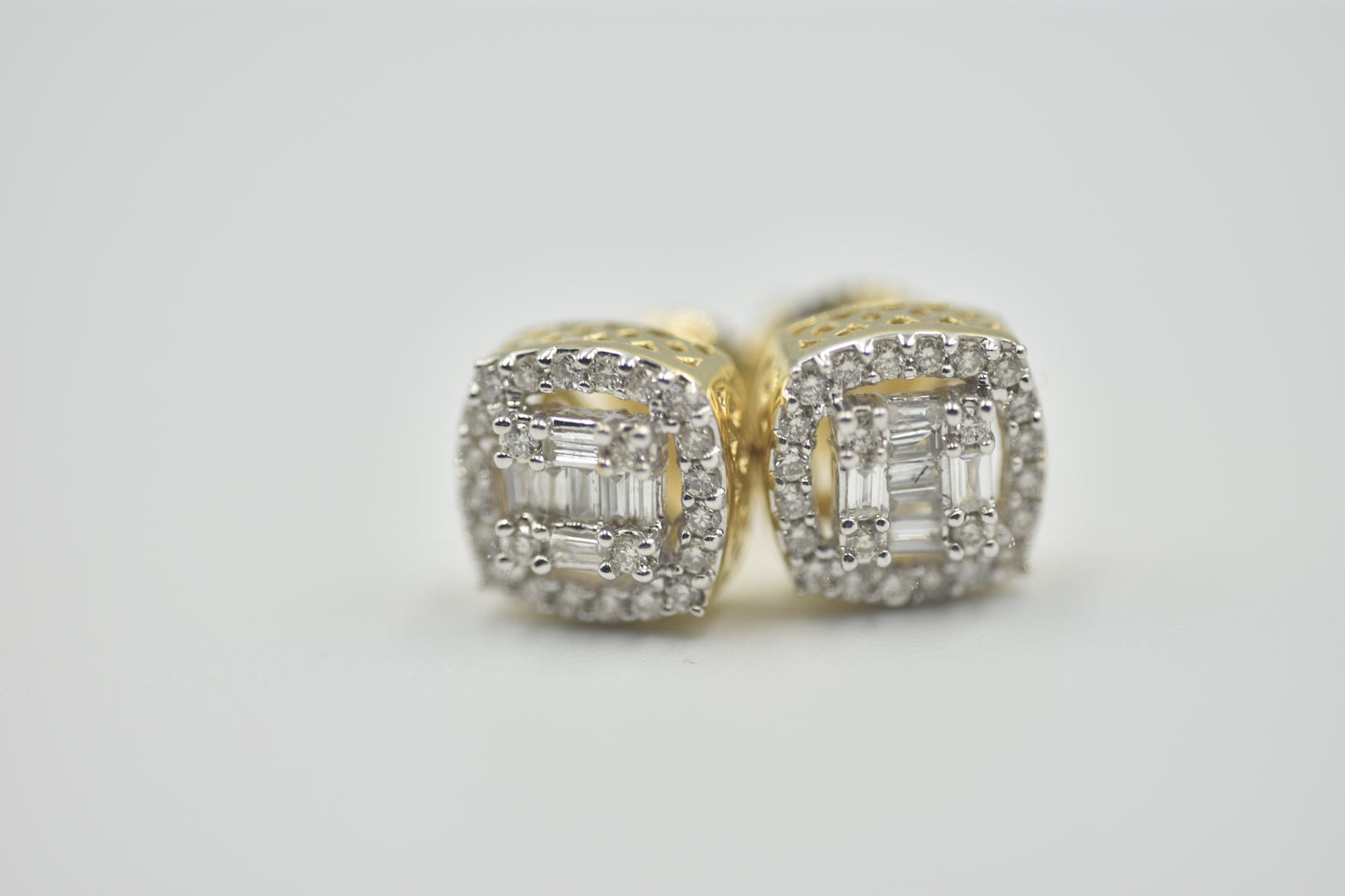 10KT Yellow Gold Round & Baguette Diamond Square Stud Earrings