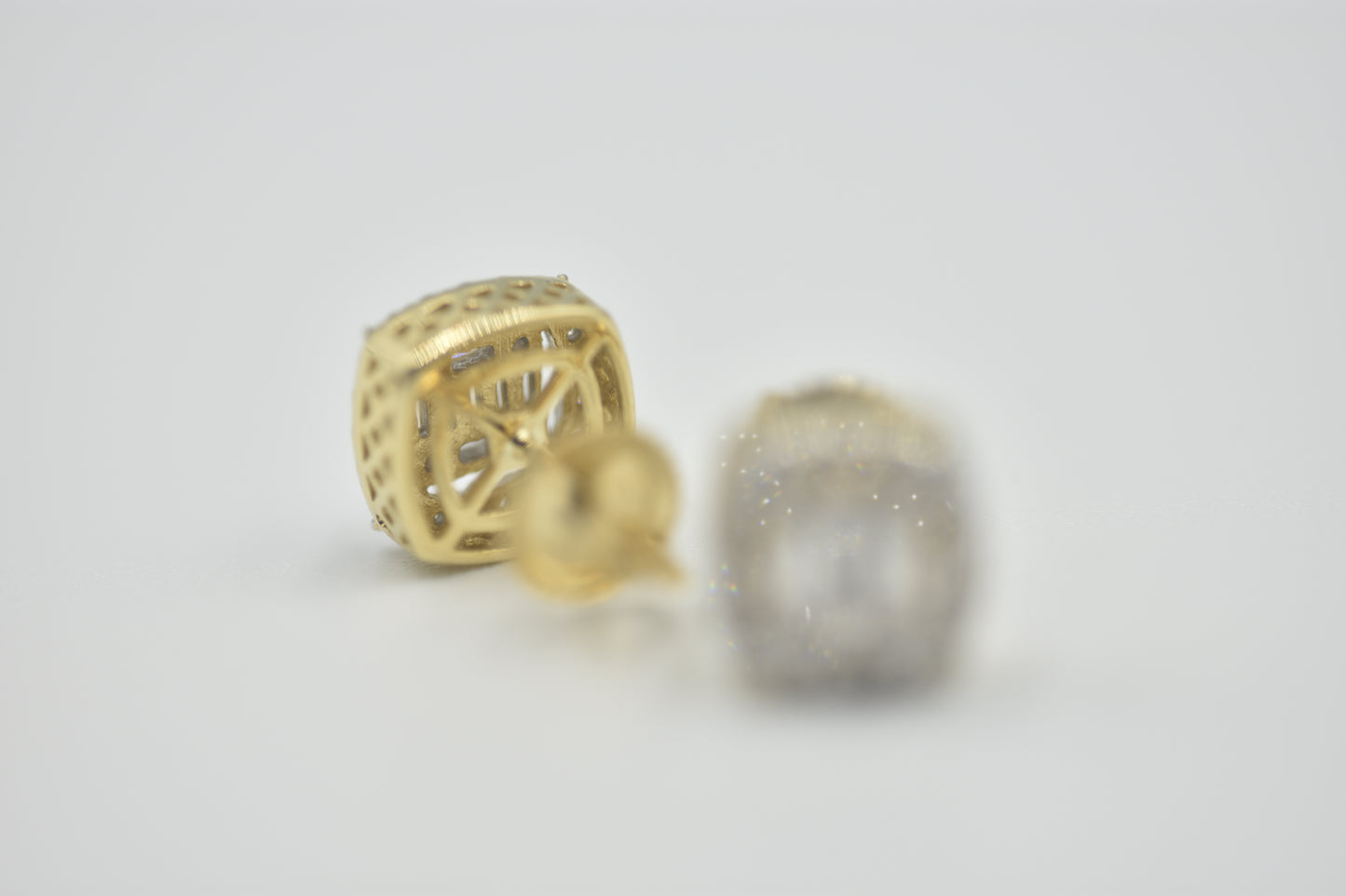 10KT Yellow Gold Round & Baguette Diamond Square Stud Earrings